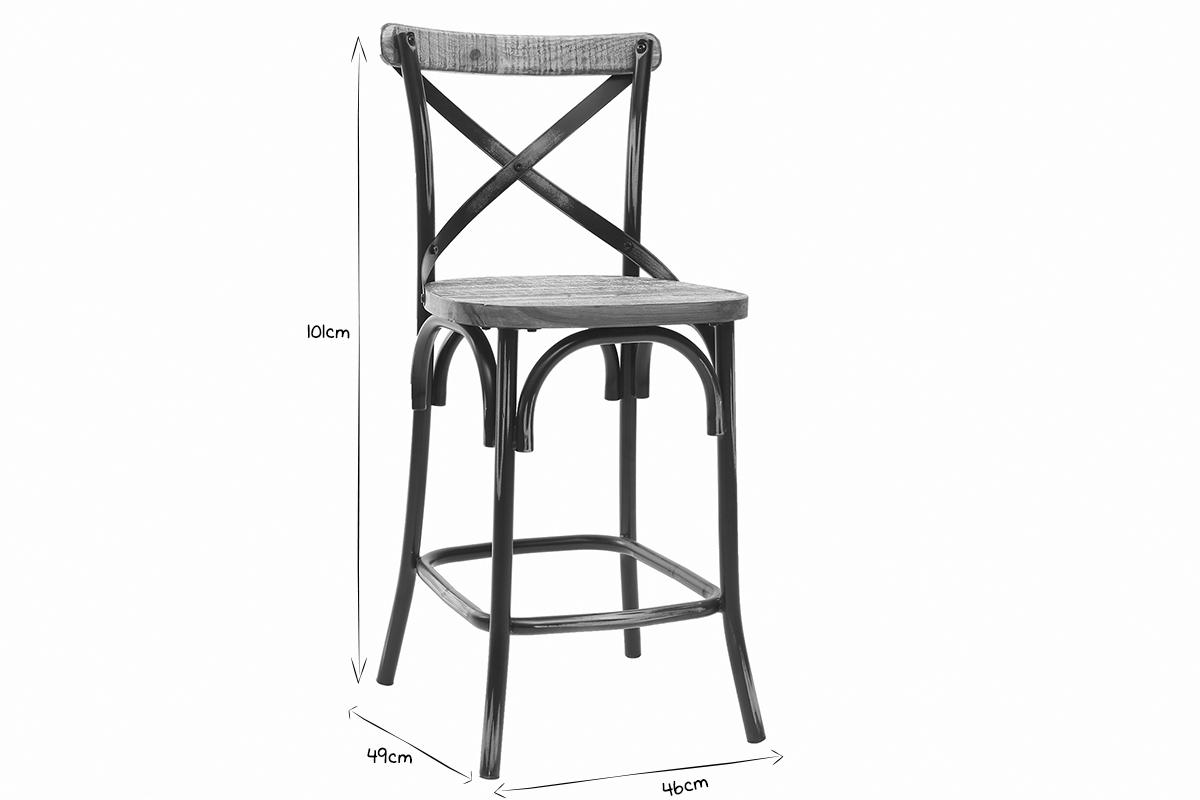 Dimensions du tabouret de bar industriel JAKE en noir et blanc, hauteur 101 cm, assise 49 cm, profondeur 46 cm.