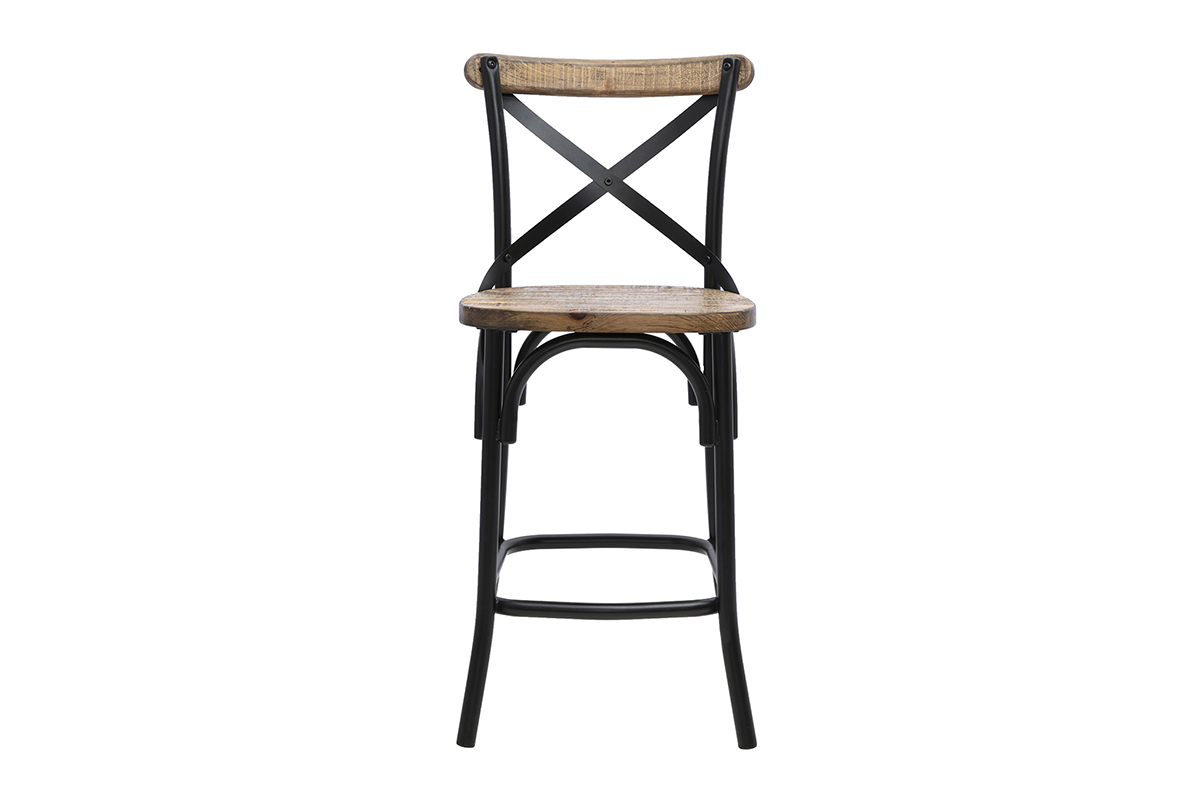 Tabouret de bar industriel JAKE en bois et m�tal, vue de face, hauteur 65 cm