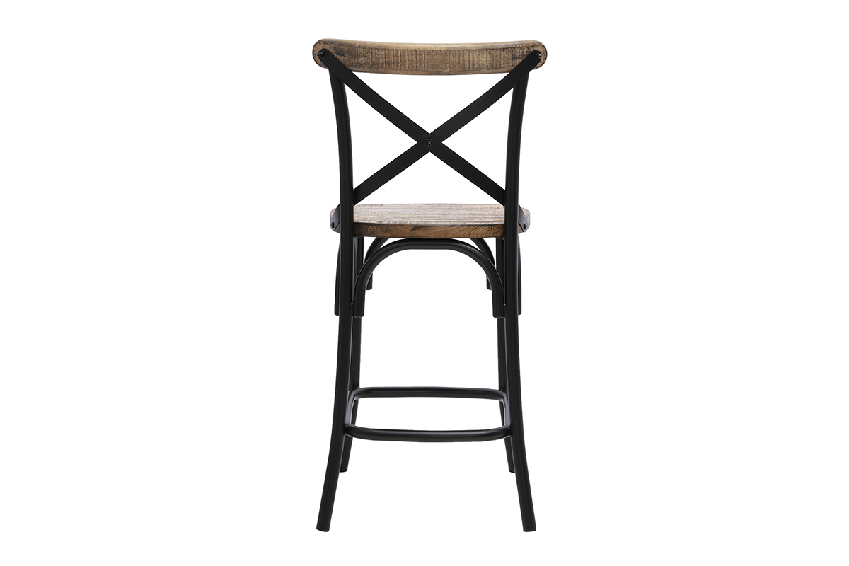 Tabouret de bar industriel en bois et m�tal noir, vue de dos, hauteur 65 cm.