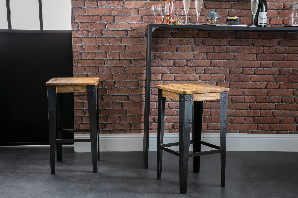 Tabouret de bar industriel m�tal et bois manguier massif H65 cm MADISON