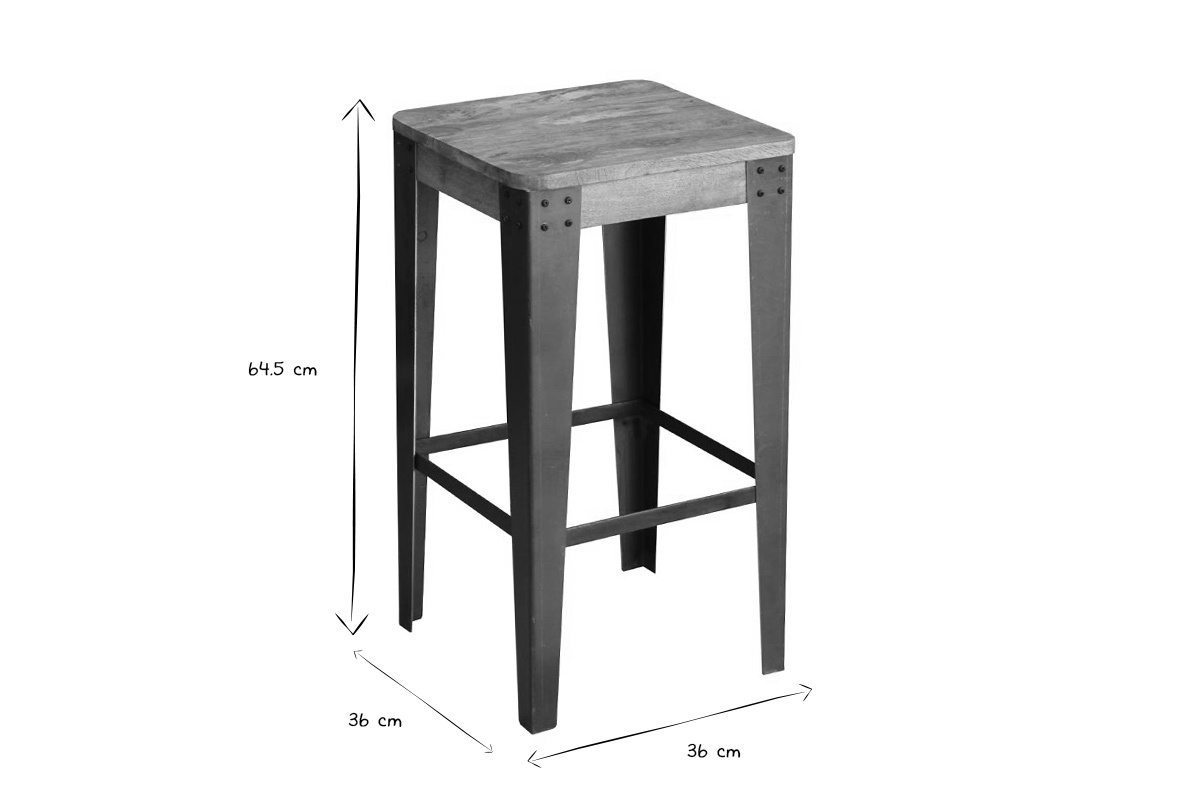 Tabouret de bar industriel m�tal et bois manguier massif H65 cm MADISON