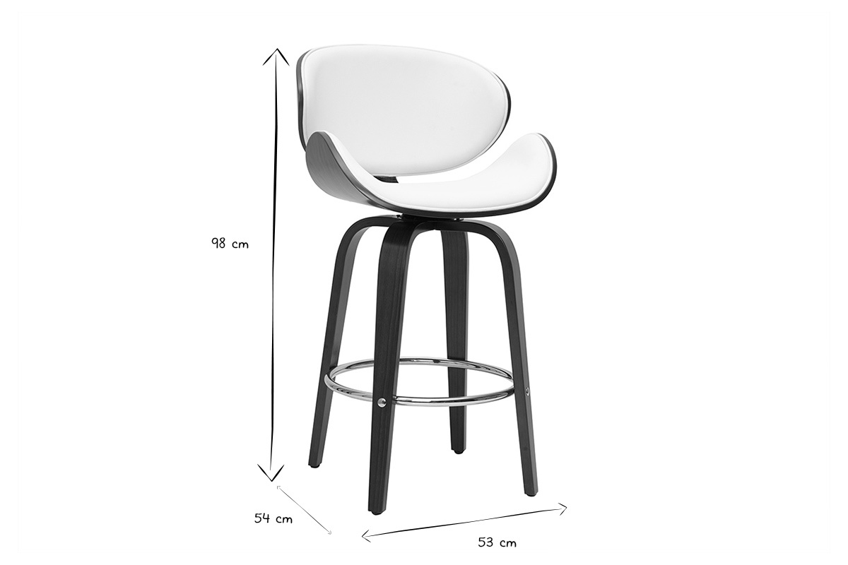 Tabouret de bar pivotant blanc et bois fonc� 65 cm WALNUT avec dimensions visibles