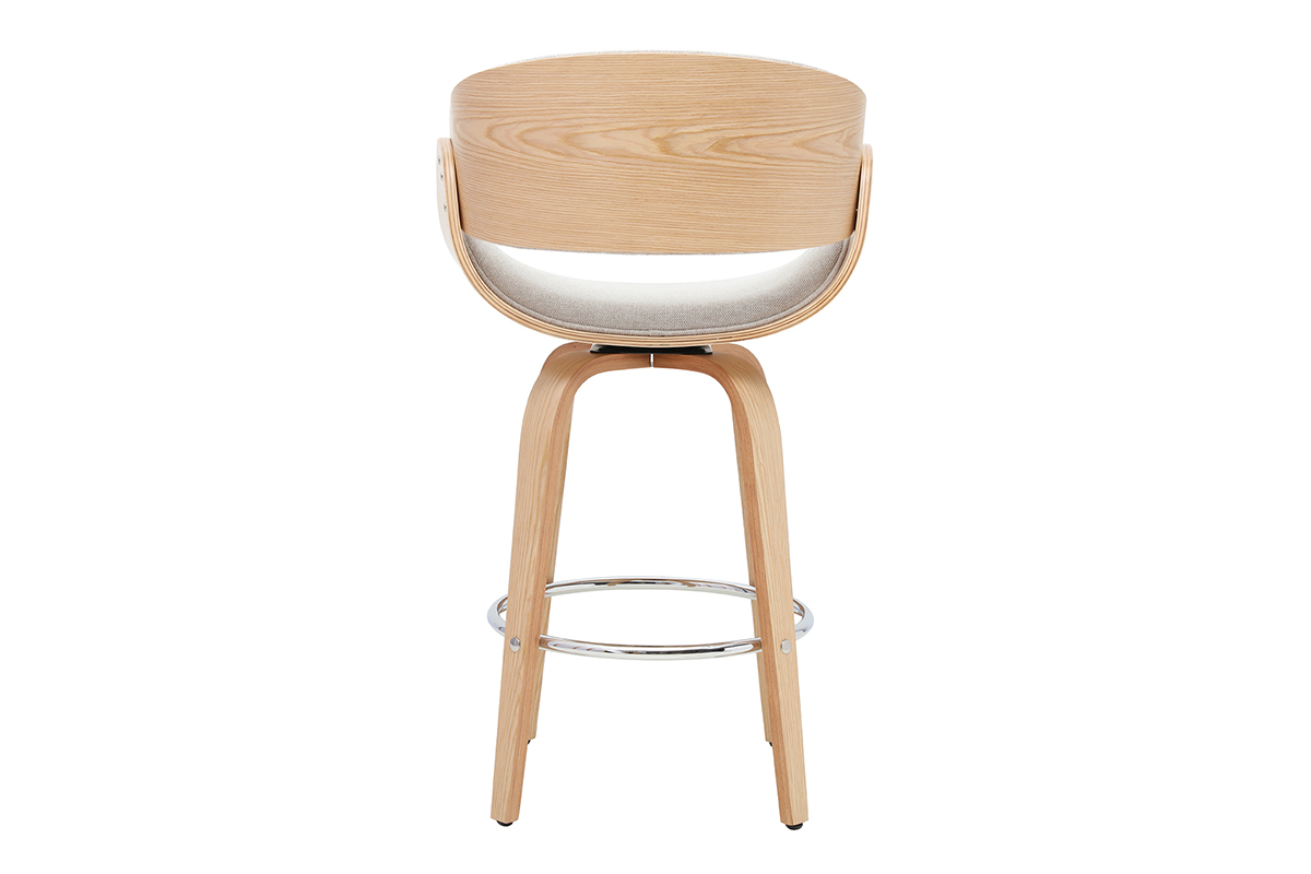 Tabouret de bar pivotant en tissu beige et bois clair vue de dos.