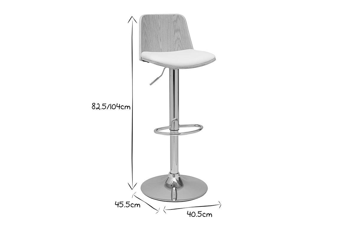 Tabouret de bar r�glable blanc, bois clair et pied chrom� DOA