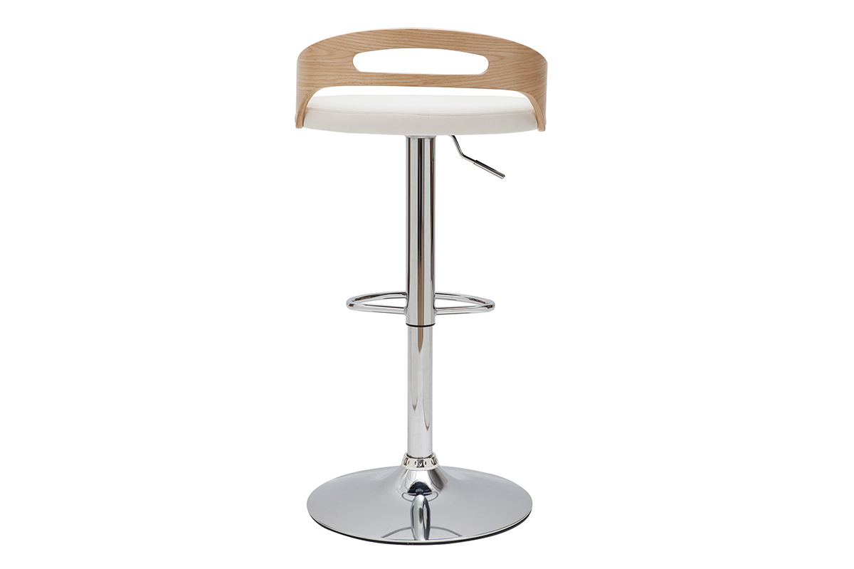 Tabouret de bar r�glable design blanc et bois clair MANO