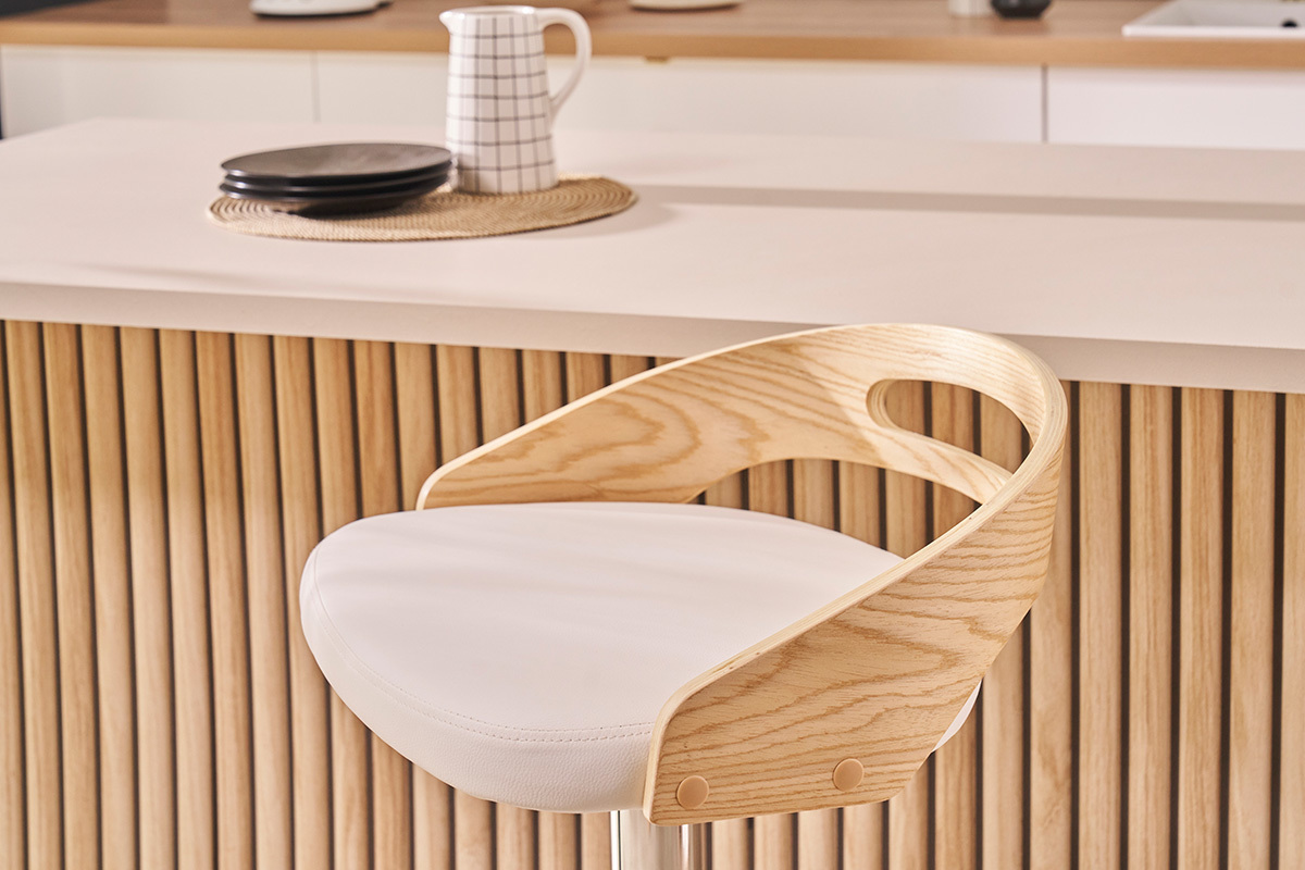 Tabouret de bar r�glable design blanc et bois clair MANO
