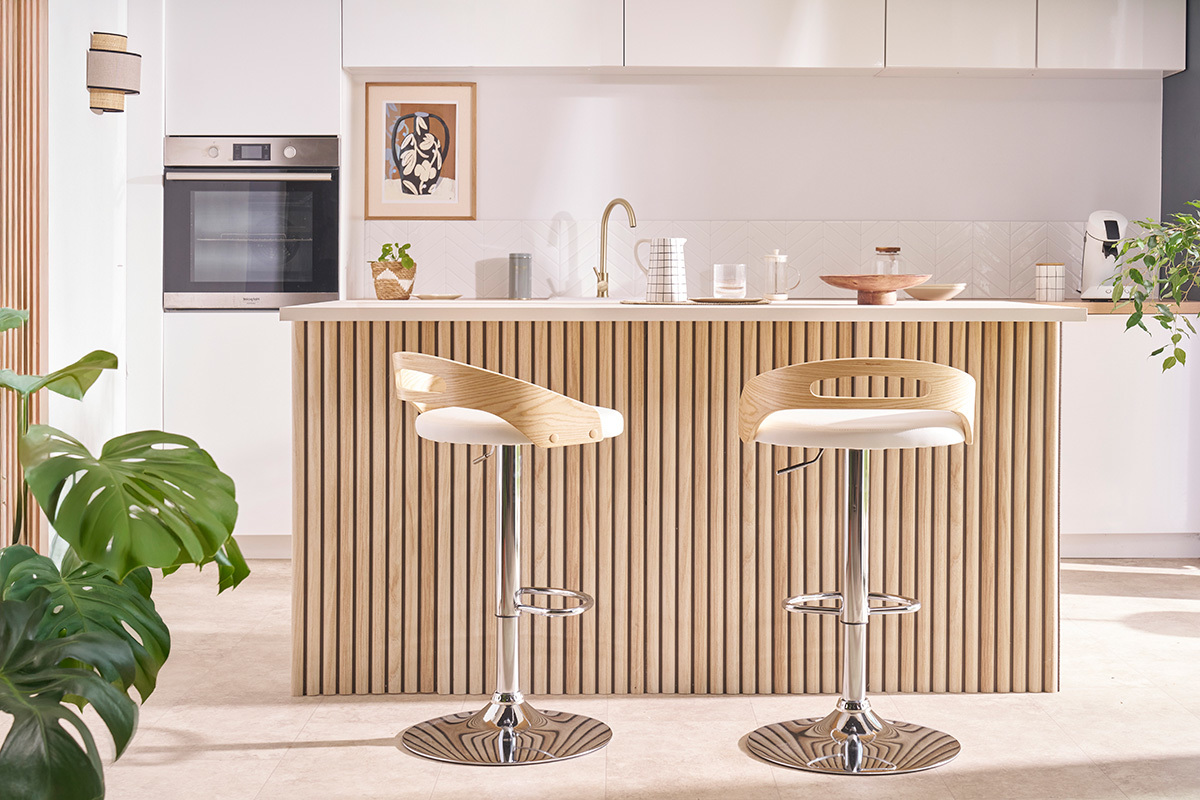Tabouret de bar r�glable design blanc et bois clair MANO