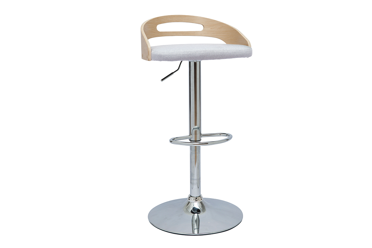 Tabouret de bar r�glable design bois clair et tissu gris clair MANO