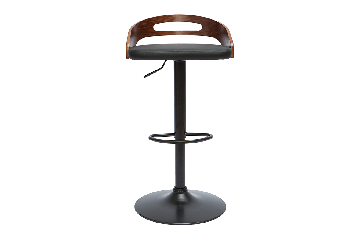 Tabouret de bar noir et bois noyer avec assise r�glable et pied en m�tal. Vue de face.