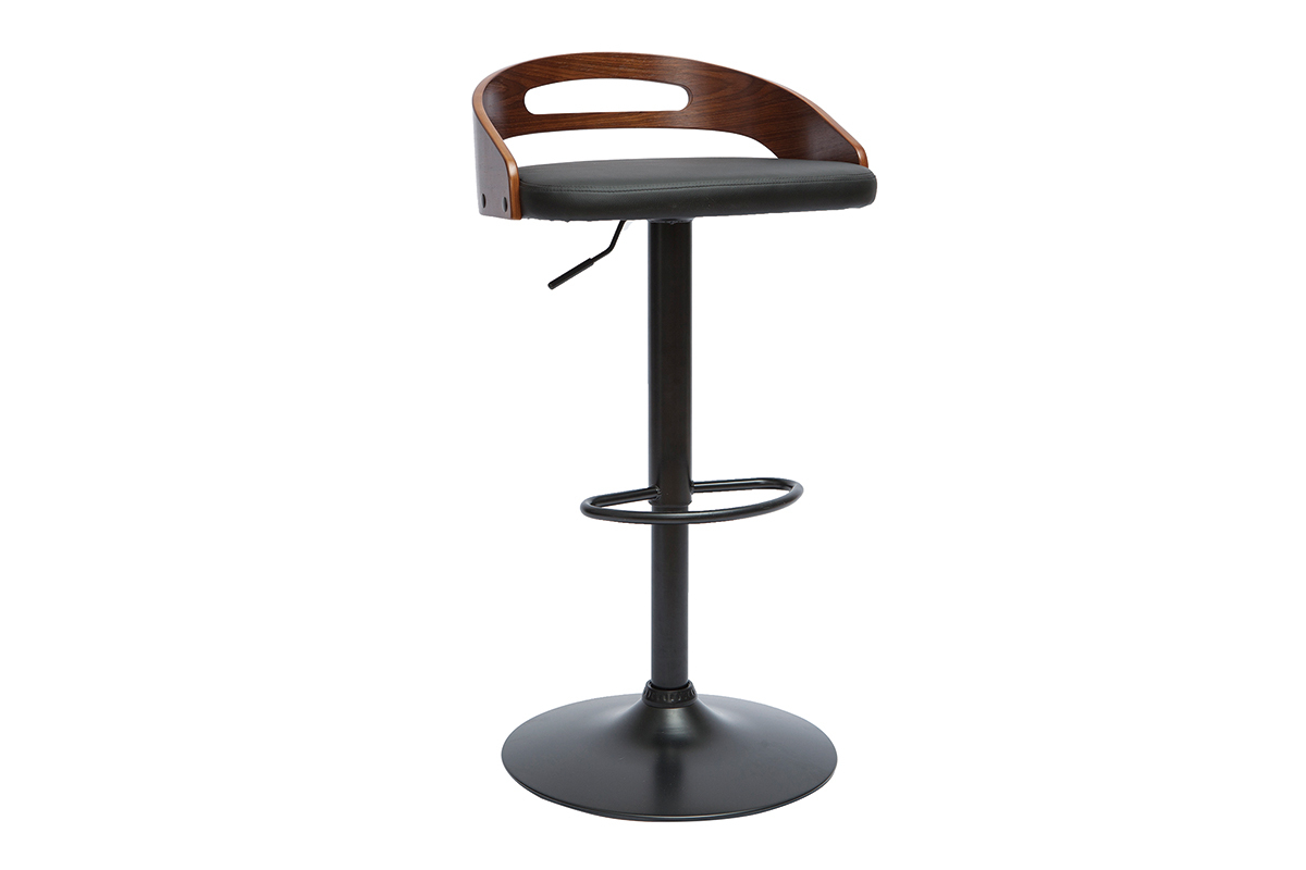 Tabouret de bar MANO noir, dossier bois, pied m�tal, hauteur r�glable. Vue de profil.