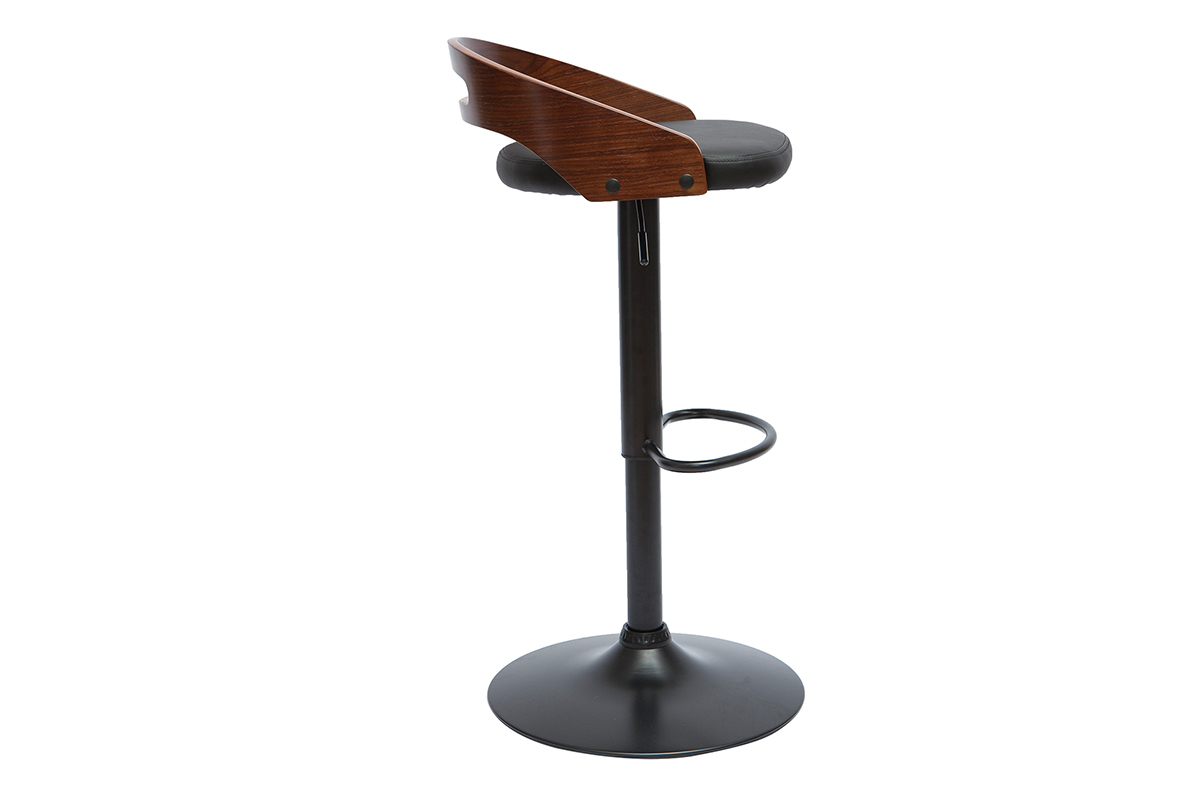 Tabouret de bar MANO noir et noyer, vue de profil, avec pied central en m�tal et repose-pied circulaire.