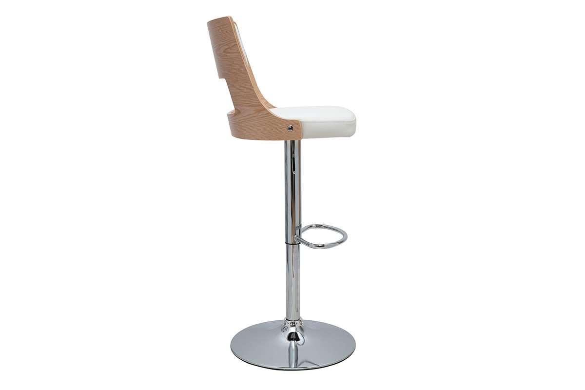 Tabouret de bar r�glable blanc et bois clair GARBO, vue de profil.