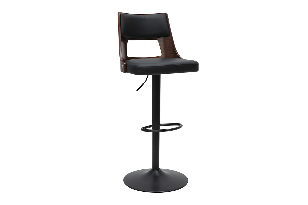 Tabouret de bar noir et bois fonc� avec dossier incurv�, base ronde, et repose-pieds.