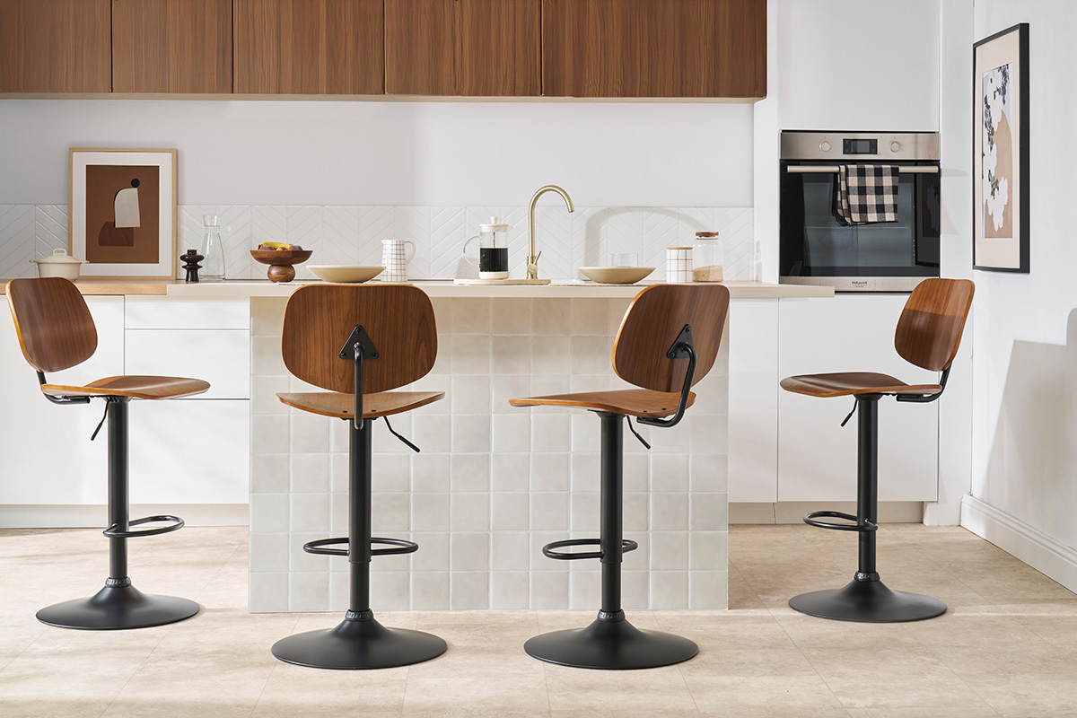 Tabouret de bar relevable noyer et m�tal noir TOBIAS