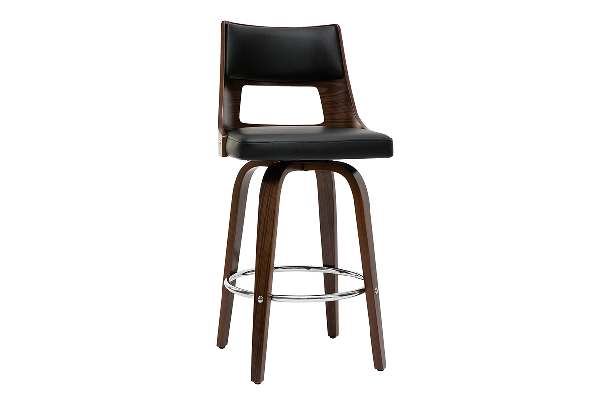 Tabouret de bar vintage pivotant noir et bois fonc�, vue de 3/4.