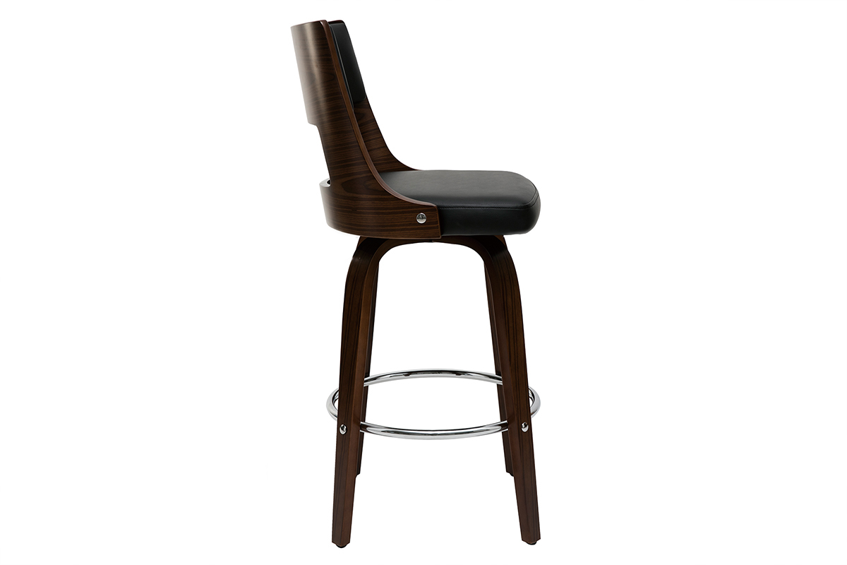 Tabouret de bar vintage noir et bois fonc�, vue de c�t�, avec design incurv� et rembourr�.