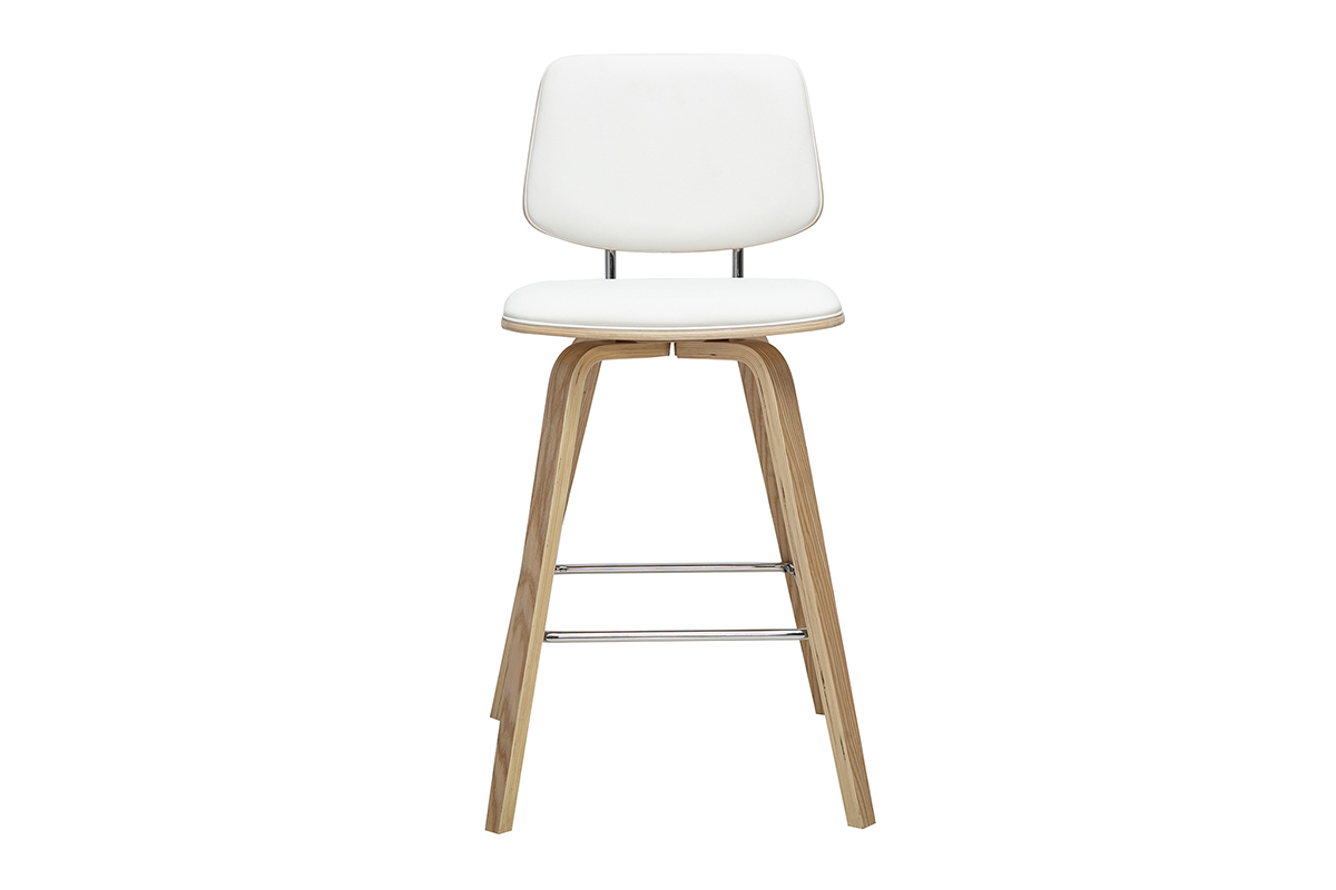 Tabouret de bar blanc et bois clair, vue de face, H66 cm, design contemporain.