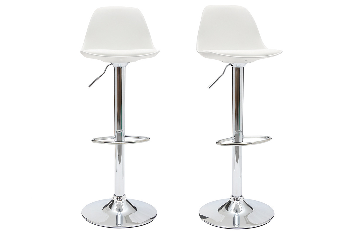 Deux tabourets de bar blancs STEEVY avec pi�tement chrom�, vue de face.