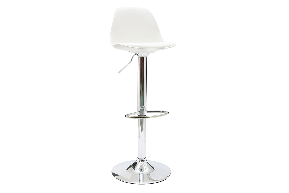 Tabouret de bar blanc avec pi�tement chrom�, vue de 3/4.
