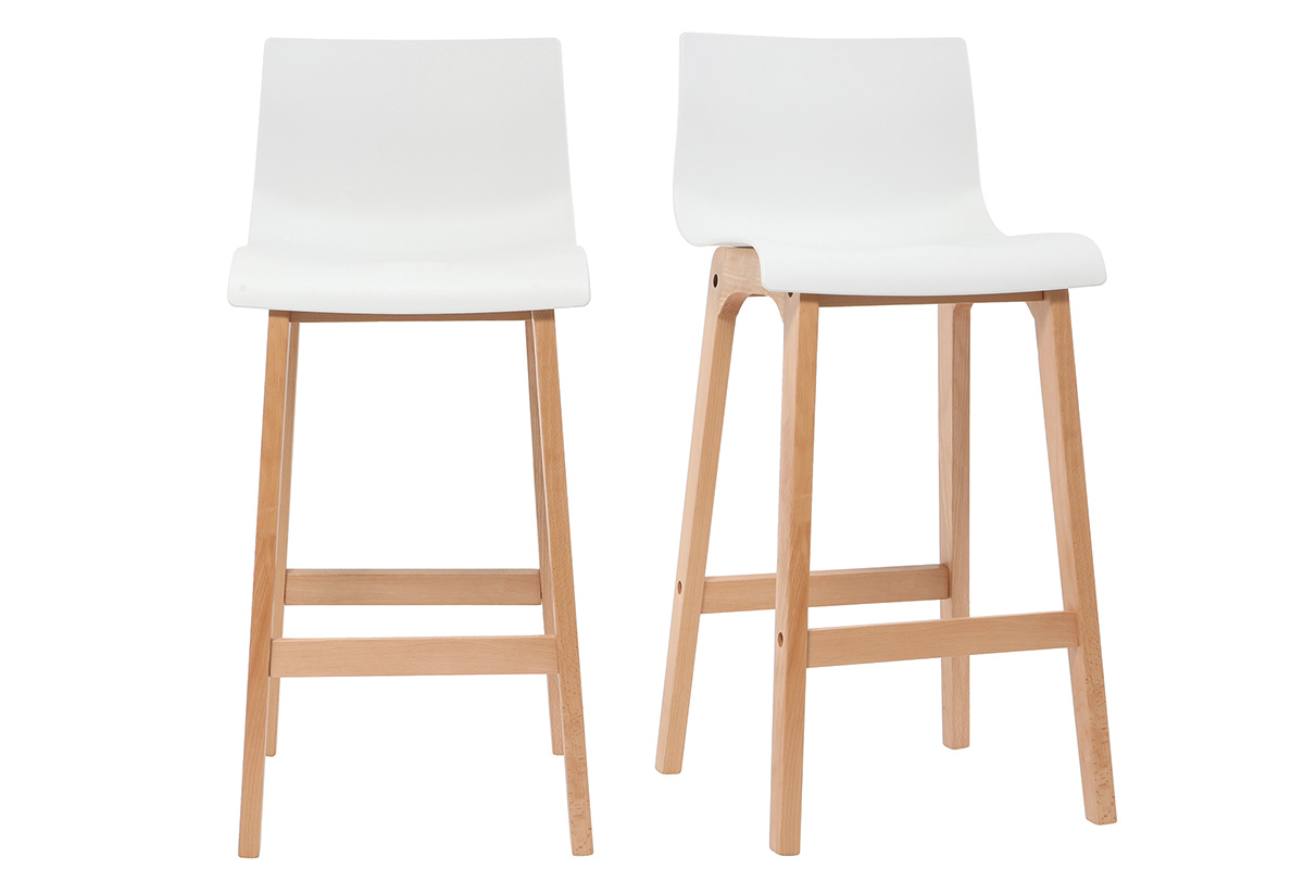 Tabourets de bar bois et blanc, assise 65 cm, lot de 2, vue de face.