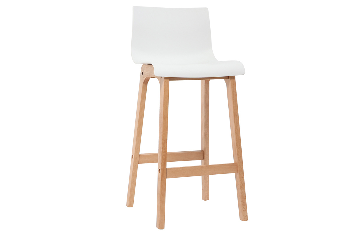 Tabouret de bar en bois et blanc avec dossier, vue de 3/4.