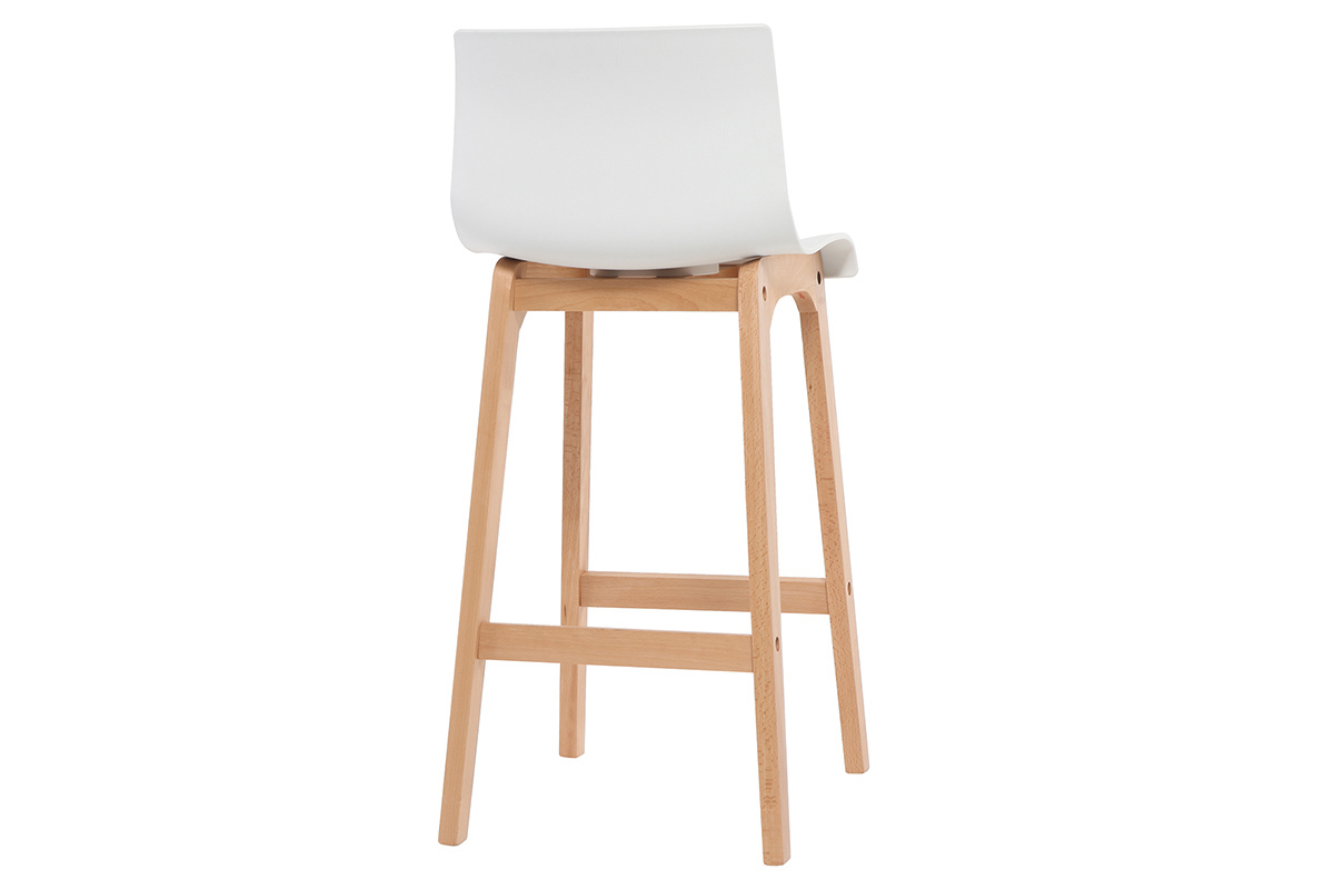 Tabouret de bar bois et blanc, vue de dos, pieds en h�tre massif, dossier blanc.