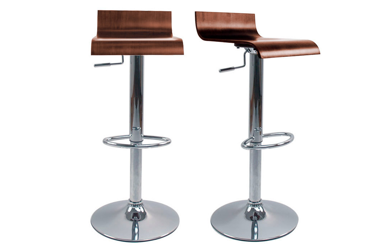Tabourets de bar design bois fonc� noyer et acier chrom� (lot de 2) SURF V2