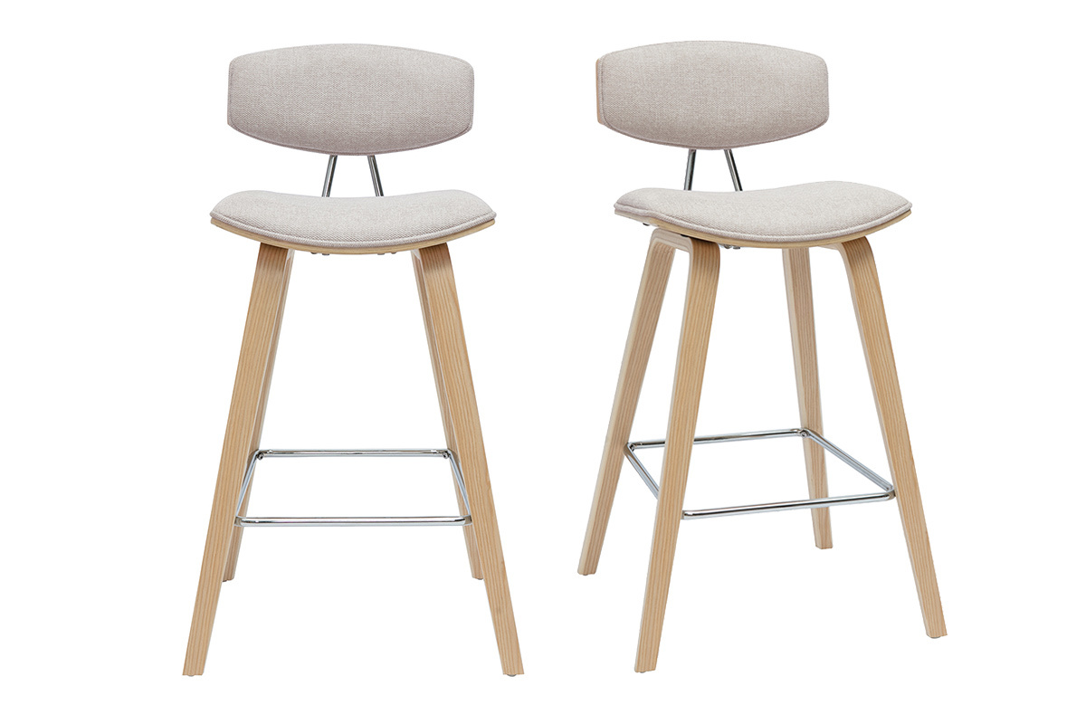 Tabourets de bar design en tissu effet velours textur� beige et bois clair H69 cm (lot de 2) VASCO