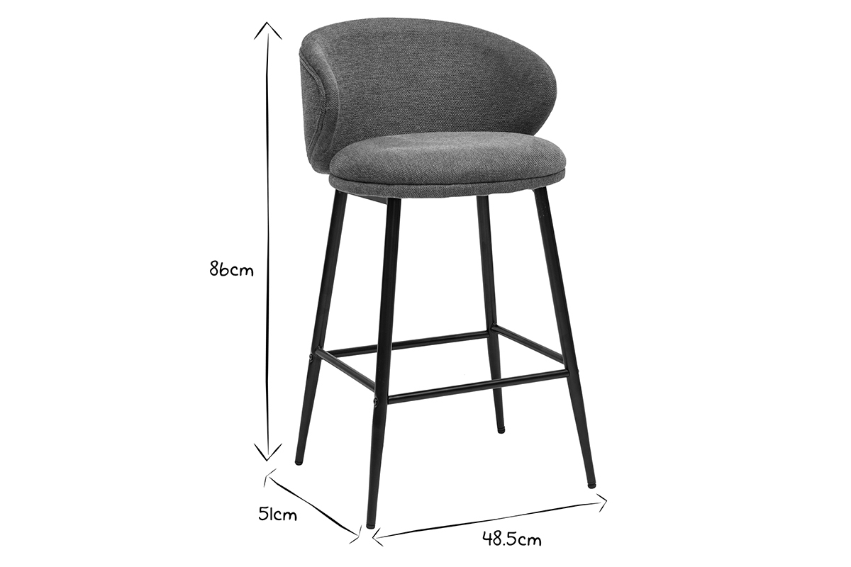 Tabouret de bar Rosalie en tissu effet velours, vue de profil avec dimensions indiqu�es.