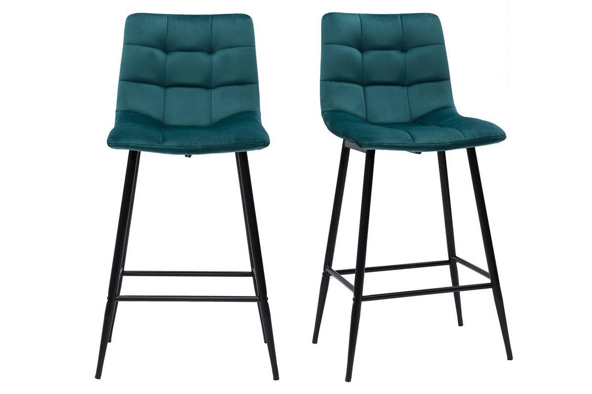 Tabourets de bar design en velours bleu p�trole H65 cm (lot de 2) MAXWELL
