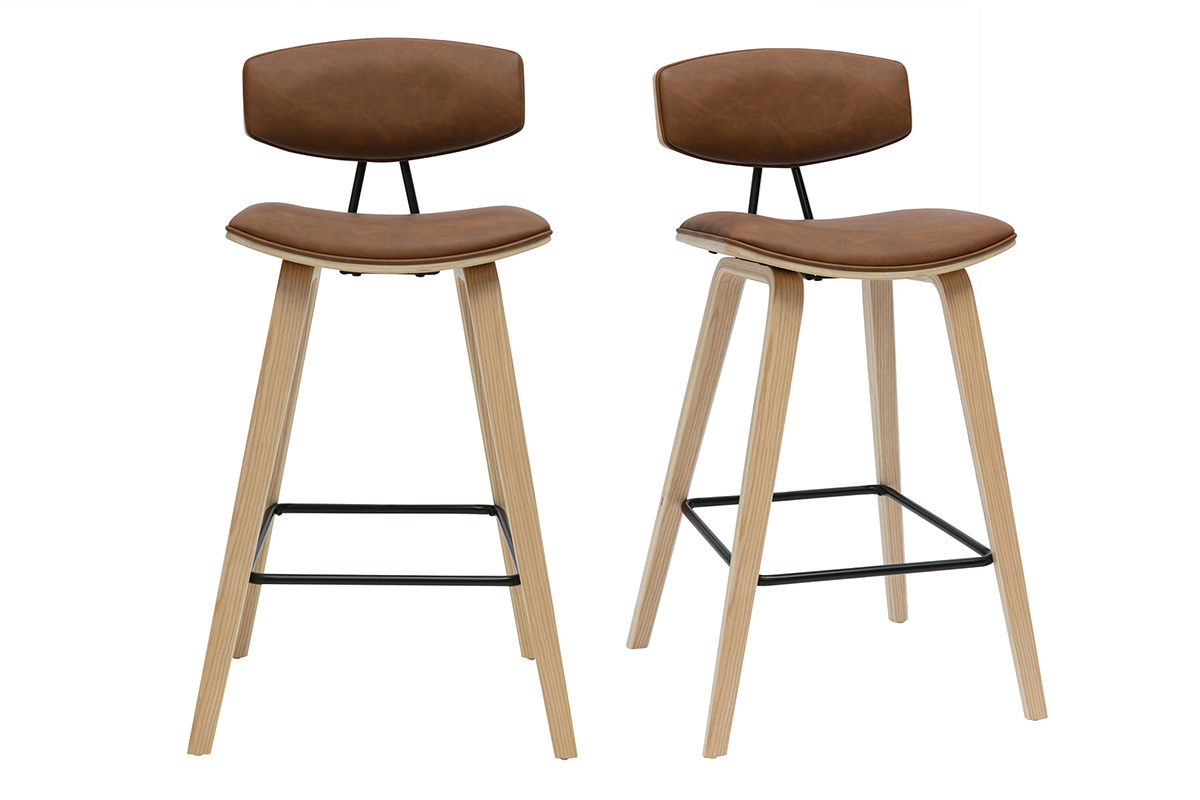 Lot de 2 tabourets de bar marron et bois clair avec dossier, vue de face.