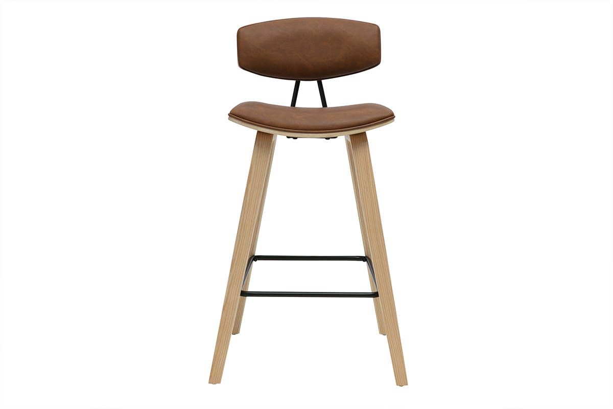 Tabouret de bar design marron et bois clair, vue de face.
