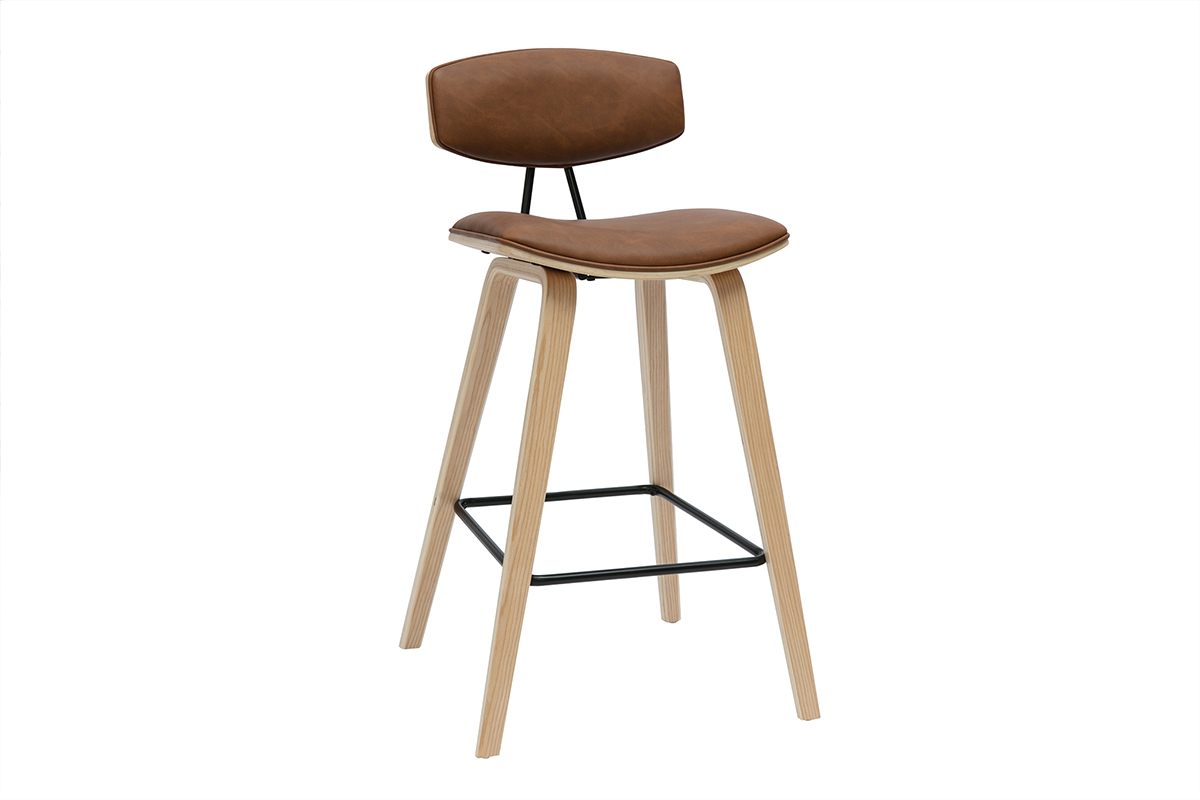 Tabouret de bar design marron et bois clair, vue de 3/4.