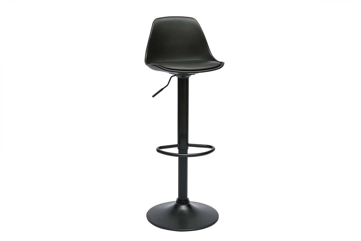 Tabouret de bar noir STEEVY avec si�ge rembourr� et pi�tement en acier chrom�, vue de 3/4.