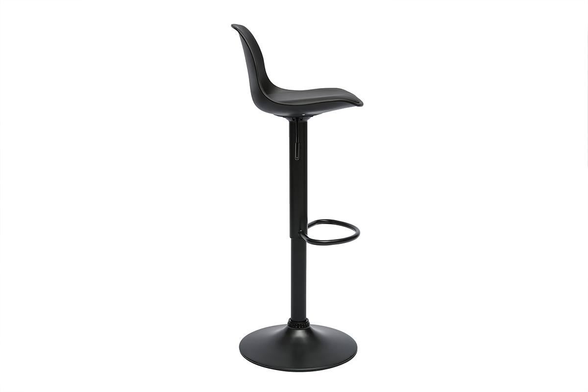 Tabouret de bar noir STEEVY, vue de c�t� avec pied r�glable et repose-pied.