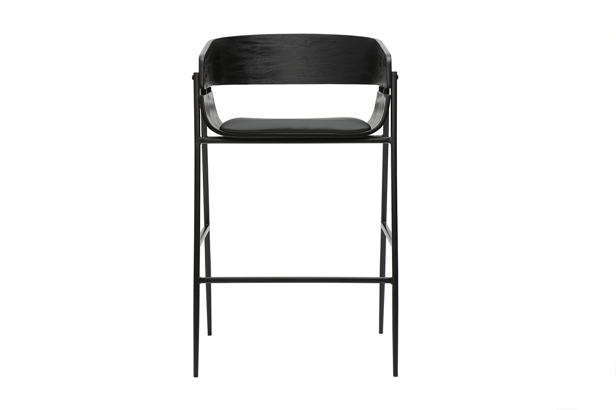 Tabouret de bar design noir WESS avec dossier incurv� et assise rembourr�e.