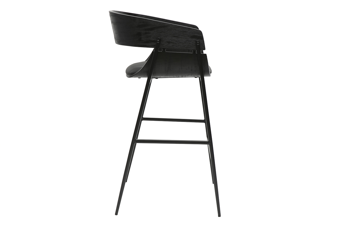 Tabouret de bar design noir WESS, vue de profil, structure �lanc�e, dossier incurv� en bois noir, assise rembourr�e.