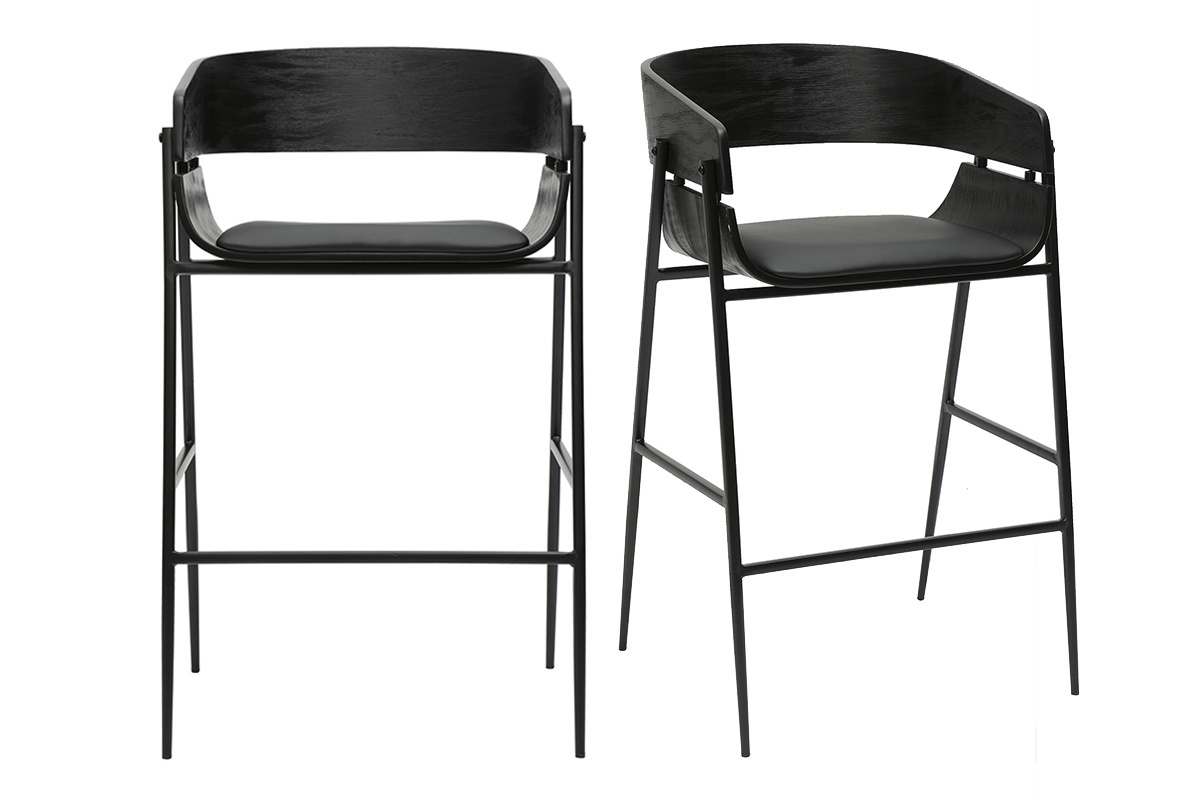 Tabourets de bar design noirs en bois et m�tal WESS, lot de 2