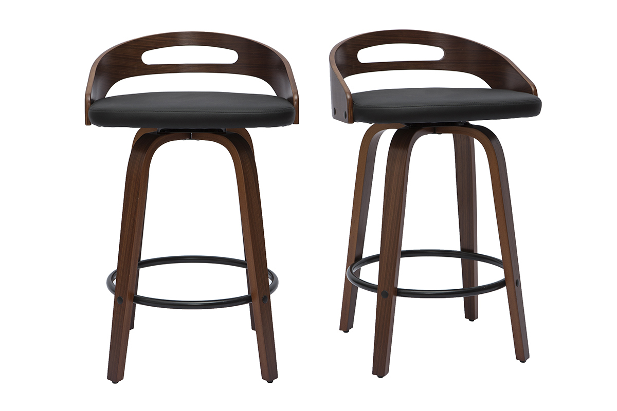 Tabourets de bar design noirs et bois fonc� 65cm (lot de 2) MANO