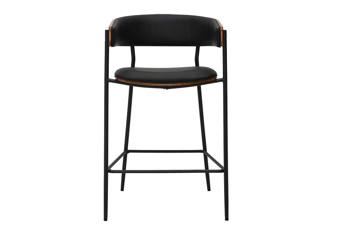 Tabouret de bar design noir et bois noyer, H66.5 cm, vue de face