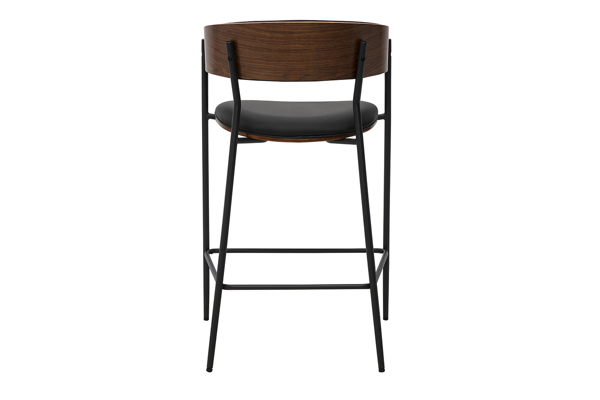 Tabouret de bar design noir et bois noyer, vue de dos, hauteur 66.5 cm.