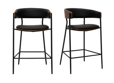 Tabourets de bar design noirs et bois fonc&eacute; noyer H66.5 cm (lot de 2) DANTE