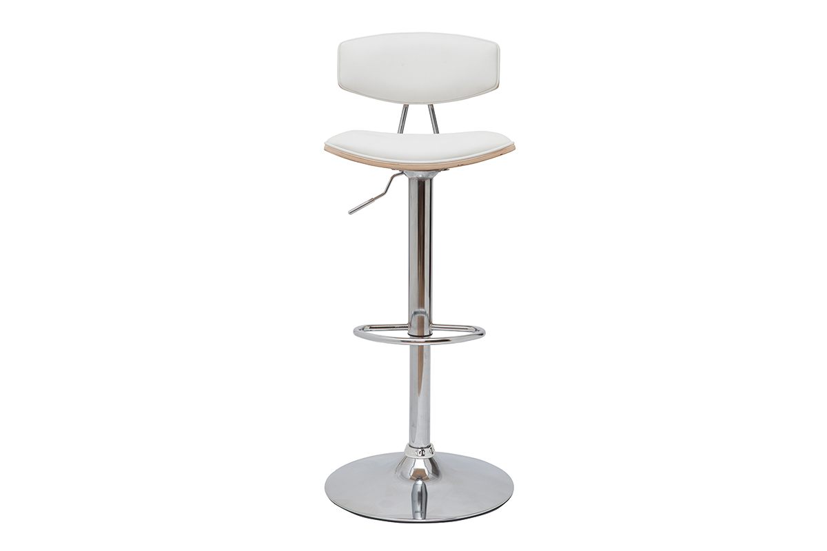 Tabouret de bar r�glable en polyur�thane blanc avec pied en acier chrom�, vue de face.