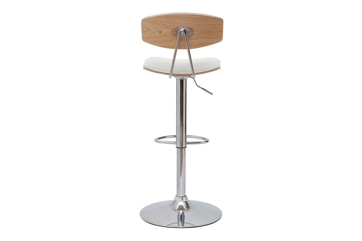 Tabouret de bar r�glable en bois clair et polyur�thane blanc, vue de dos.