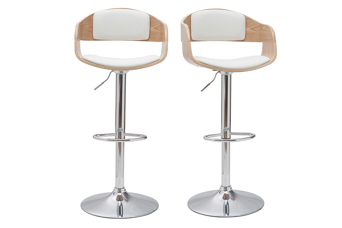 Tabourets de bar design r�glables en polyur�thane blanc et bois clair (lot de 2) EUSTACHE