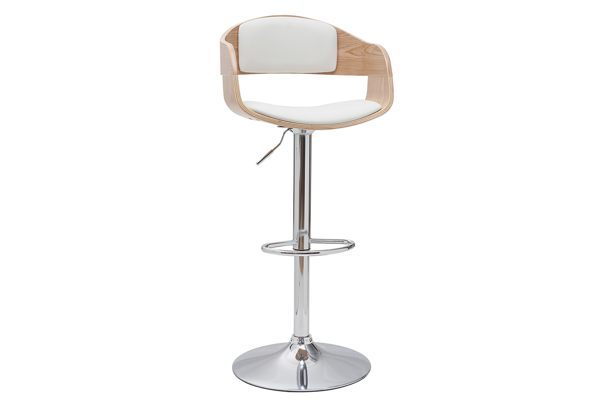Tabourets de bar design r�glables en polyur�thane blanc et bois clair (lot de 2) EUSTACHE
