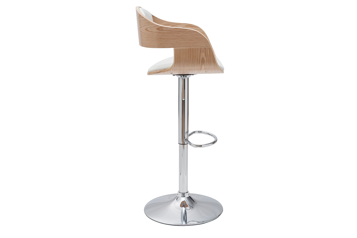 Tabourets de bar design r�glables en polyur�thane blanc et bois clair (lot de 2) EUSTACHE