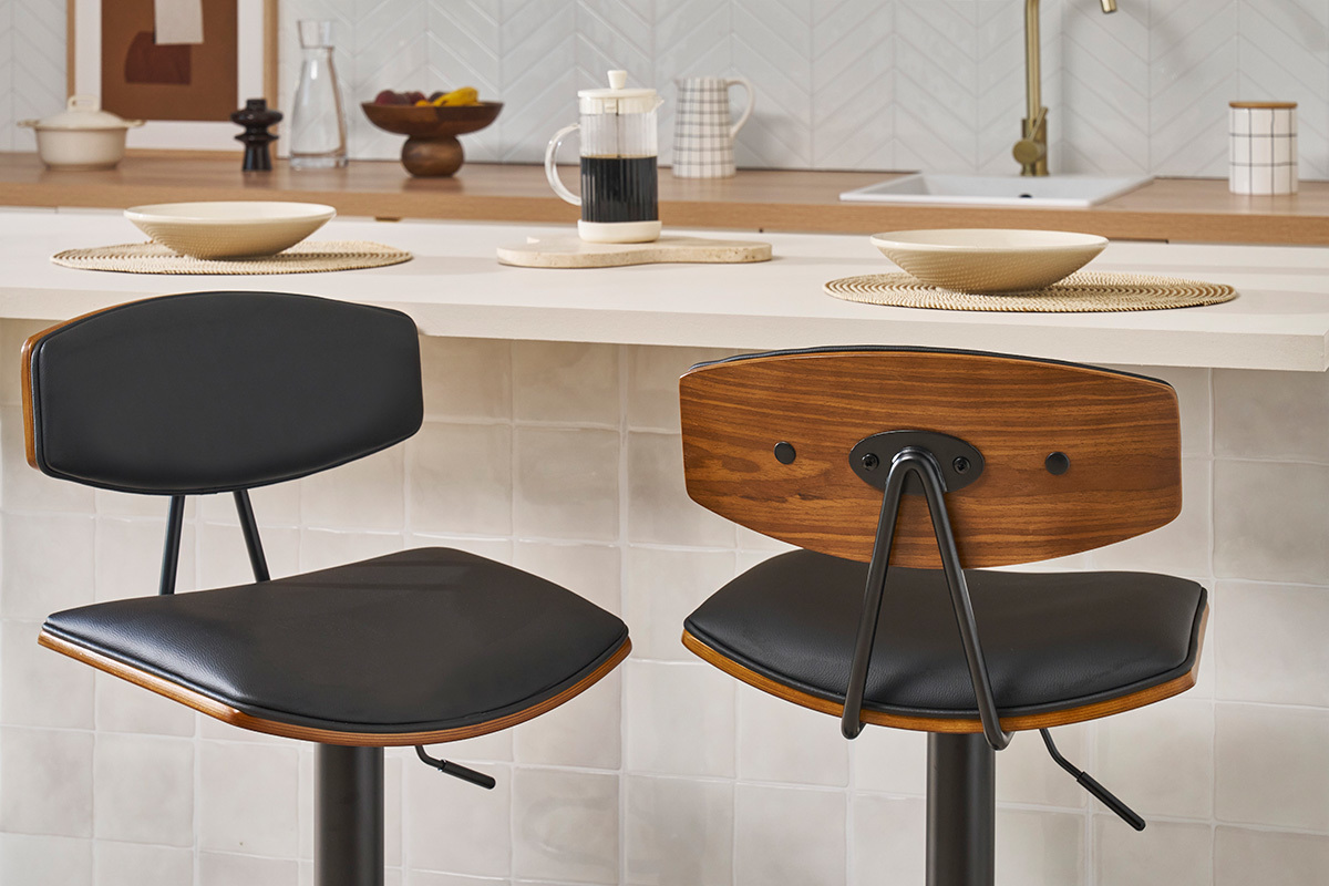 Tabourets de bar design r�glables noir et bois fonc� (lot de 2) VASCO