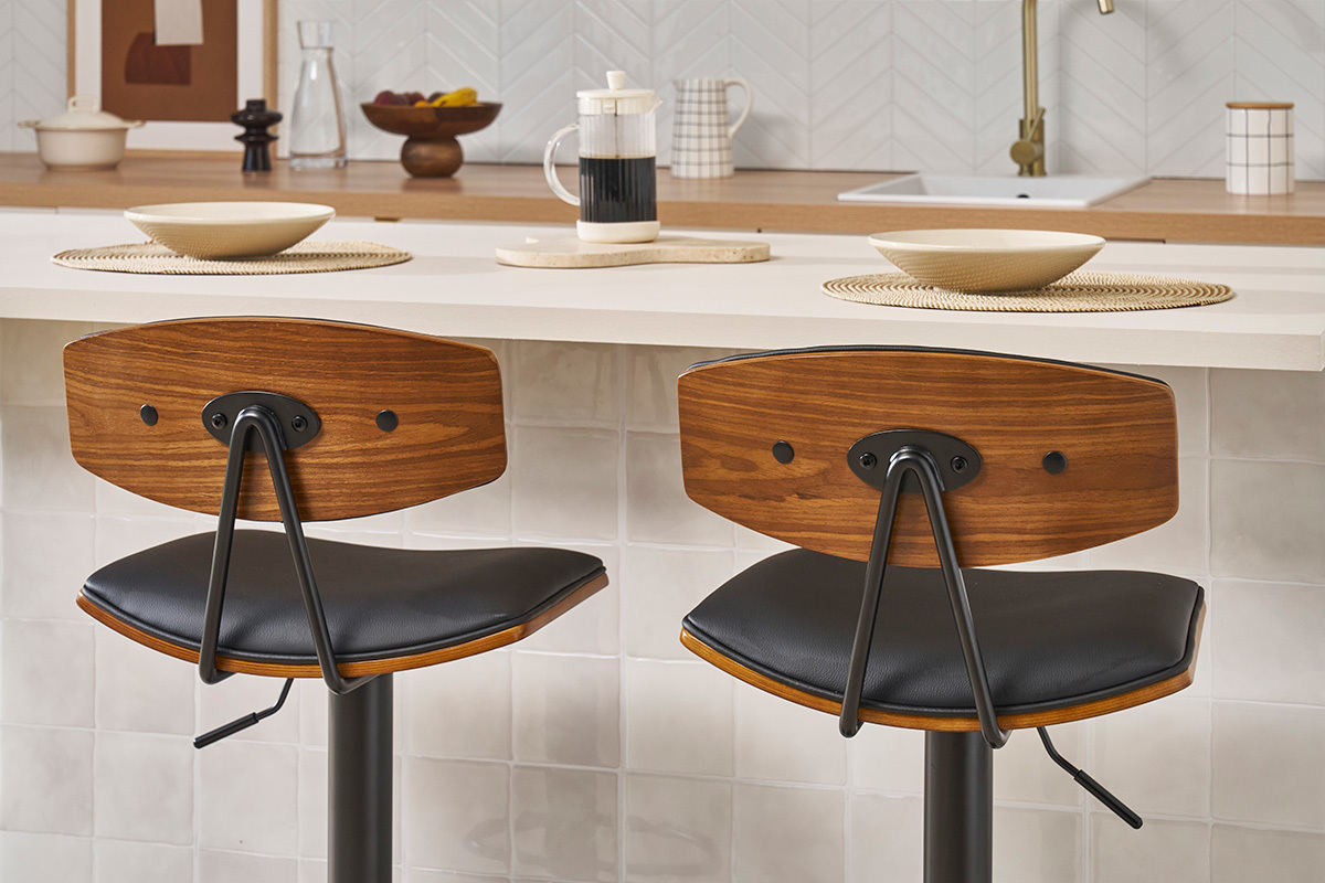 Tabourets de bar design r�glables noir et bois fonc� (lot de 2) VASCO