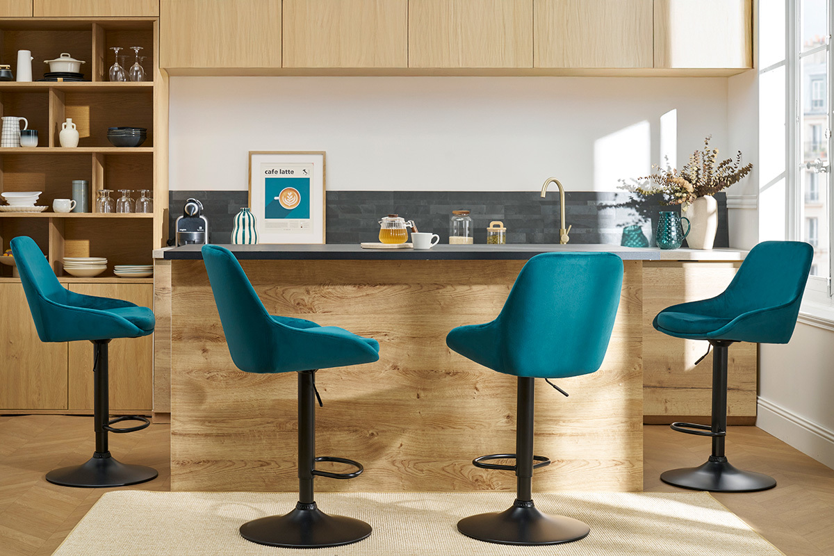 Tabourets de bar design r�glables velours bleu p�trole (lot de 2) HOLO